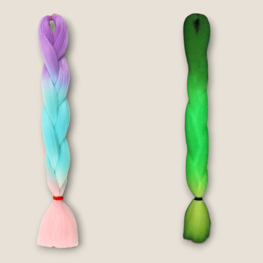 Glow in the Dark invlechthaar lila aqua roze met glow effect op beige achtergrond