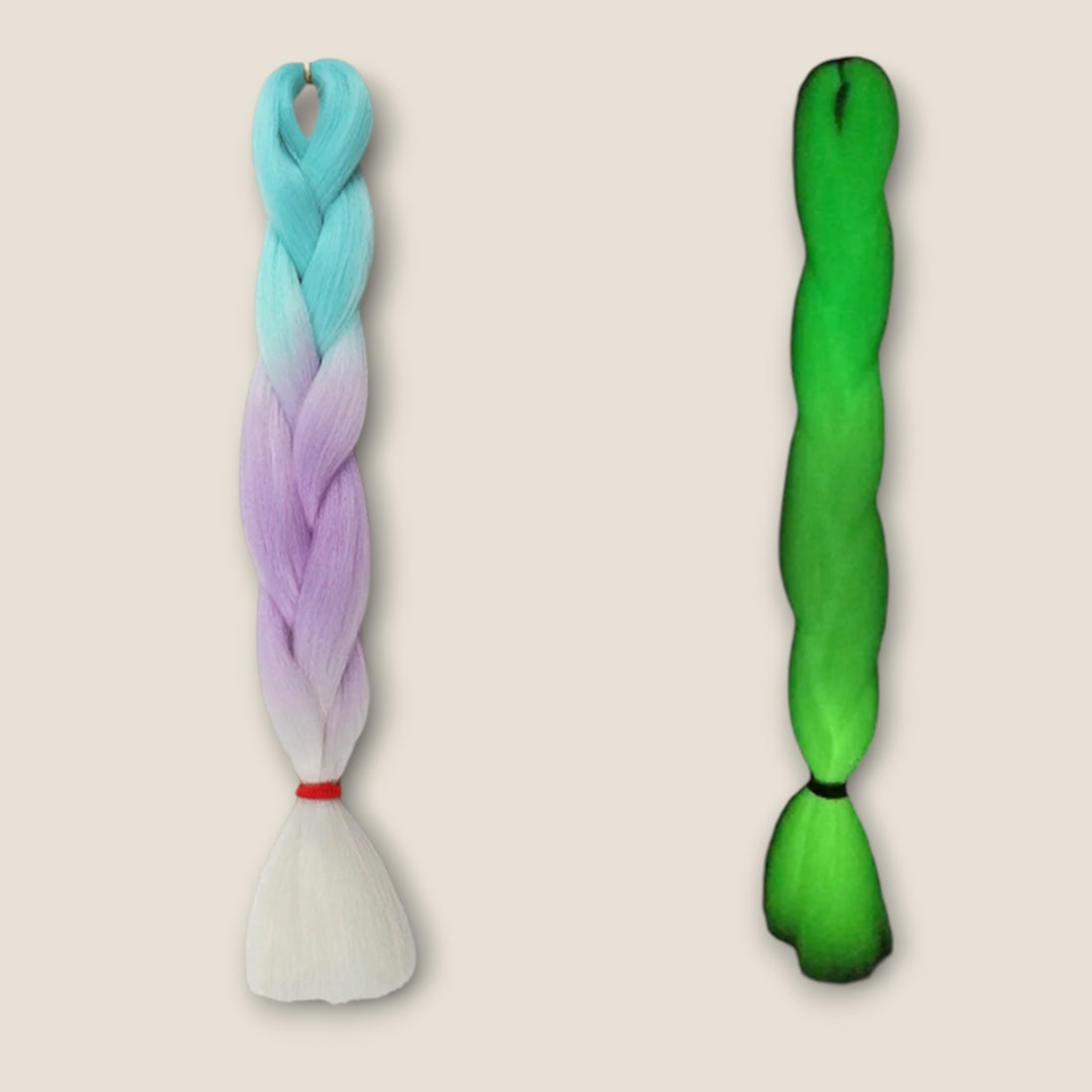 Glow in the Dark invlechthaar aqua lila wit met glow effect op beige achtergrond