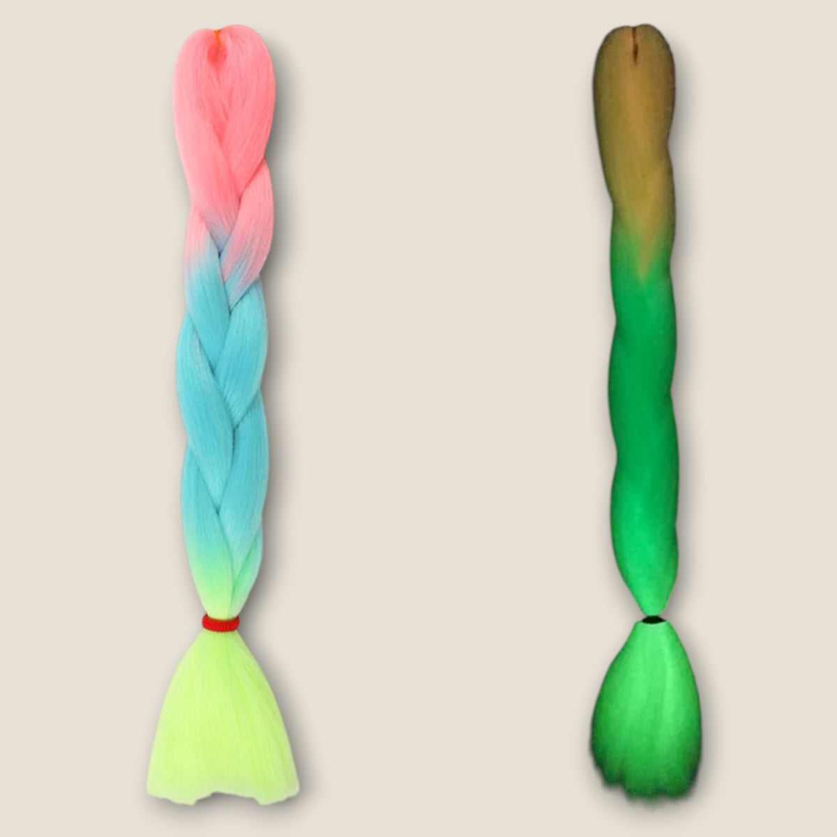 Glow in the Dark invlechthaar roze aqua neon geel met glow effect op beige achtergrond