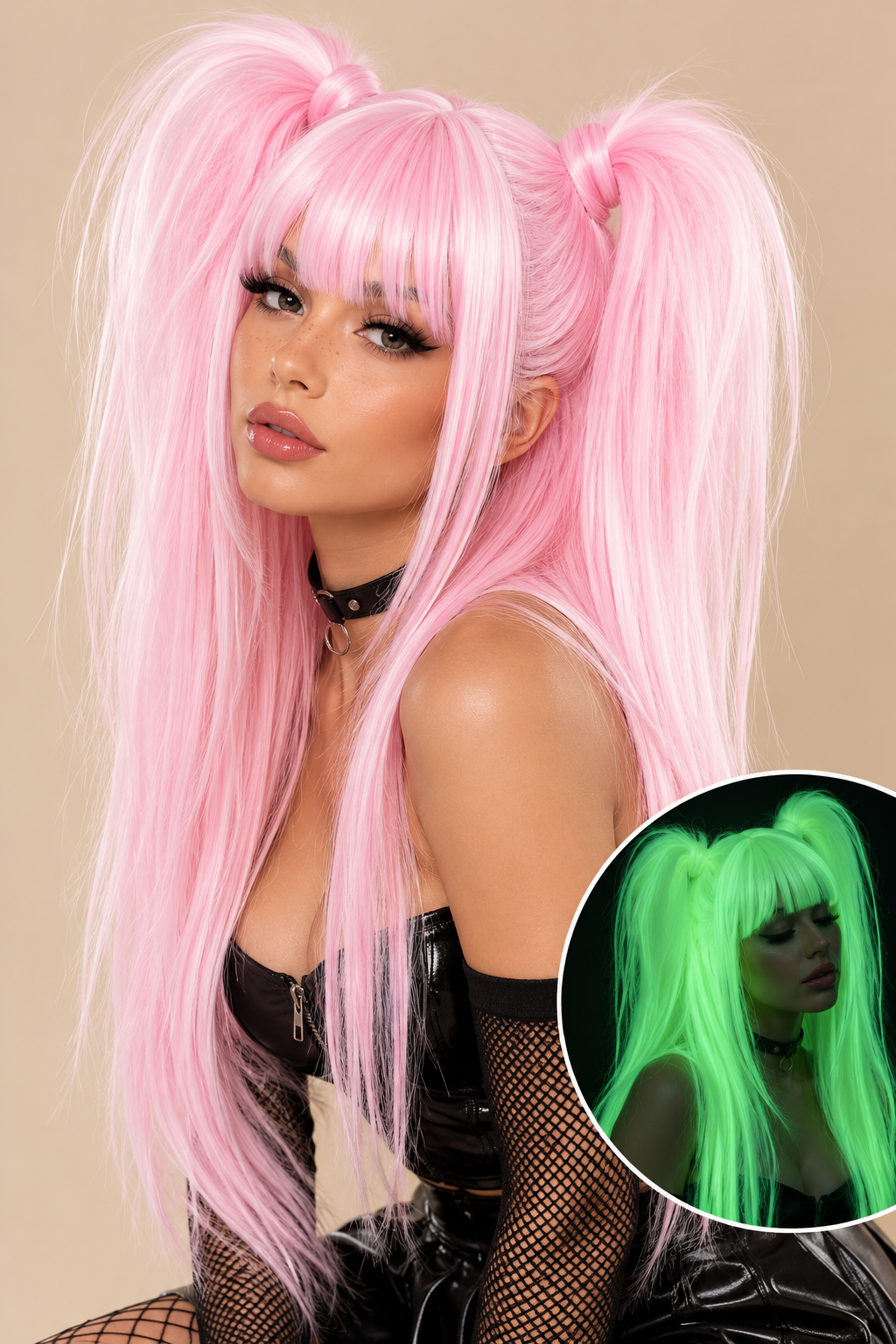 Glow in the Dark Pruik Lichtroze – Twin Tails – De HaarBoetiek