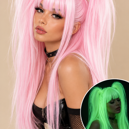 Glow in the Dark Pruik Lichtroze – Twin Tails – De HaarBoetiek