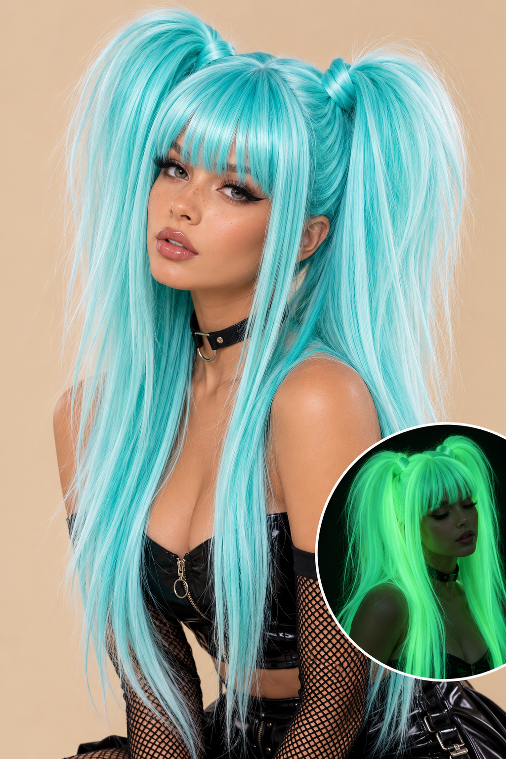 Glow in the Dark Pruik Mint/Turquoise – Twin Tails – De HaarBoetiek
