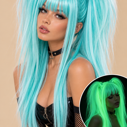Glow in the Dark Pruik Mint/Turquoise – Twin Tails – De HaarBoetiek