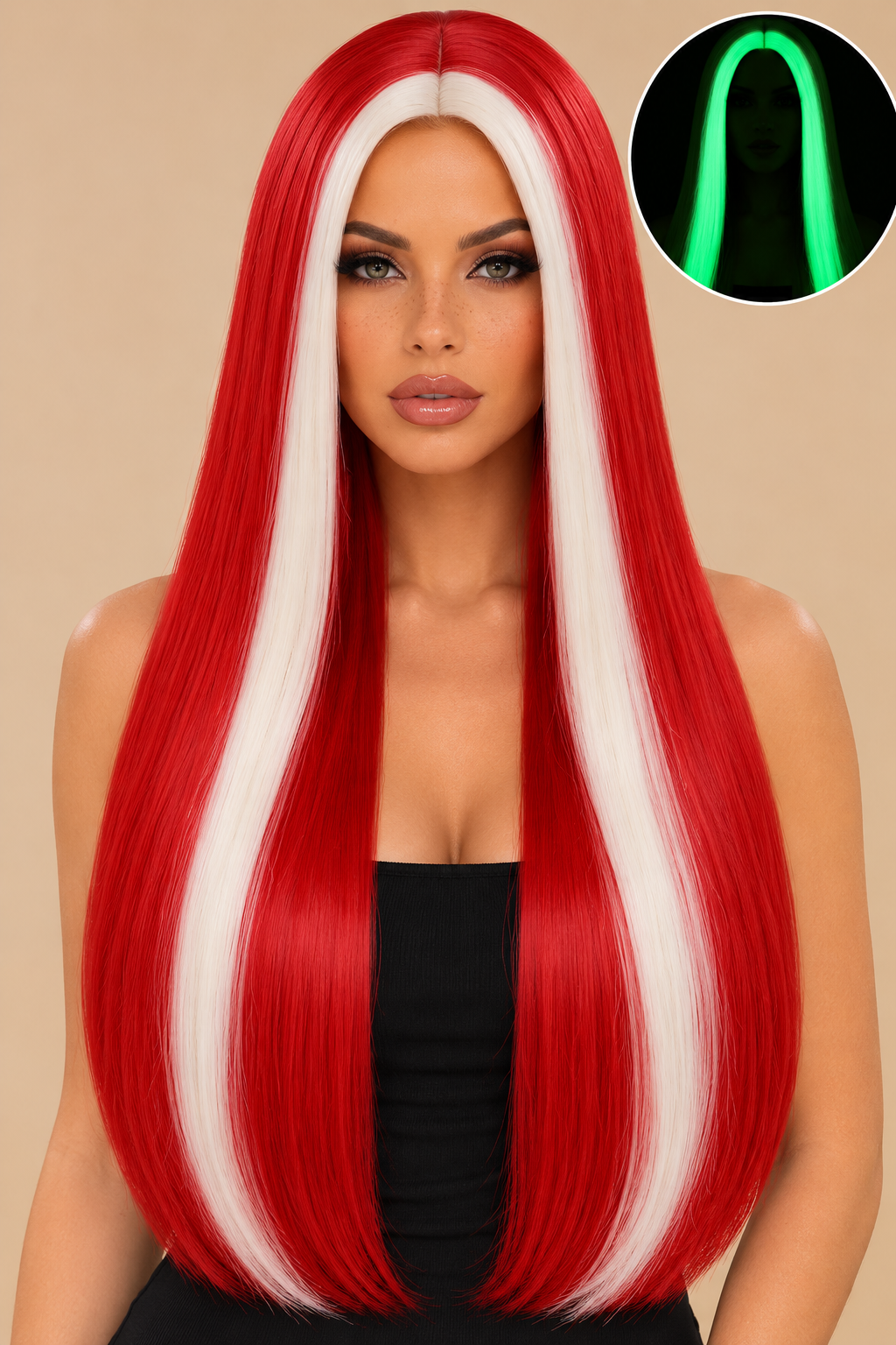 Rood witte glow in the dark pruik lang met middenscheiding