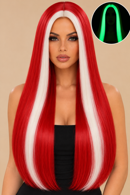 Rood witte glow in the dark pruik lang met middenscheiding