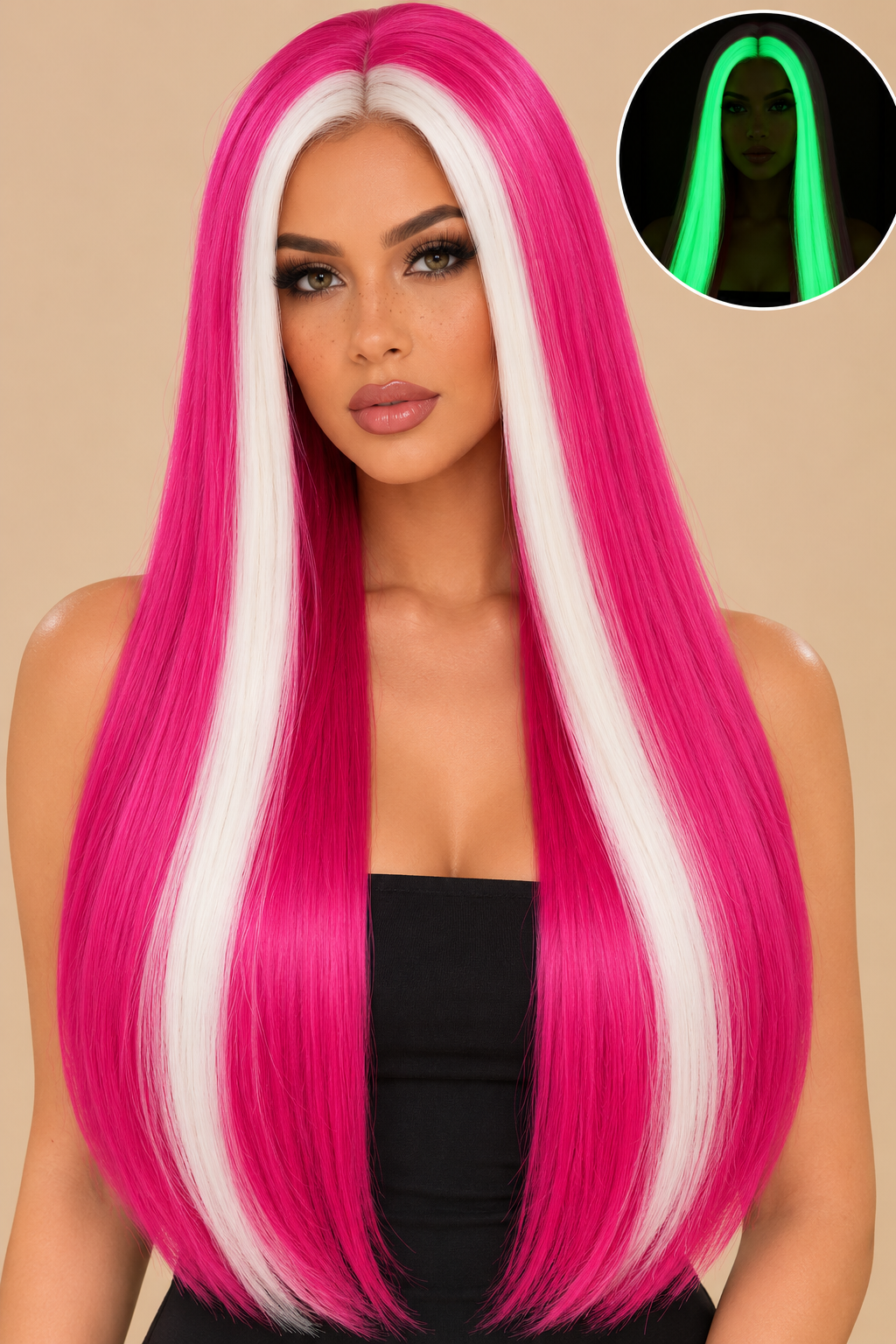 Roze witte Glow in the Dark pruik lang met middenscheiding