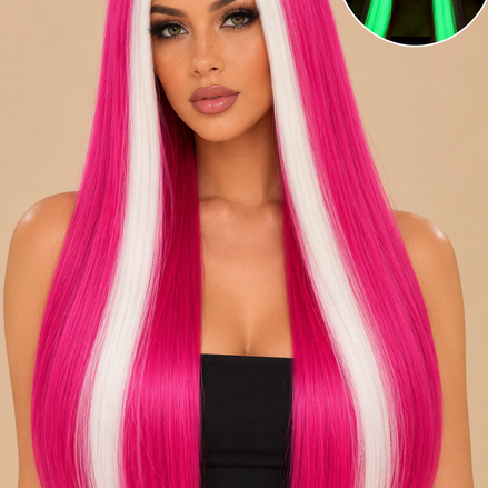 Glow in the Dark Pruik Roze-Wit – Lang 66 cm – De HaarBoetiek