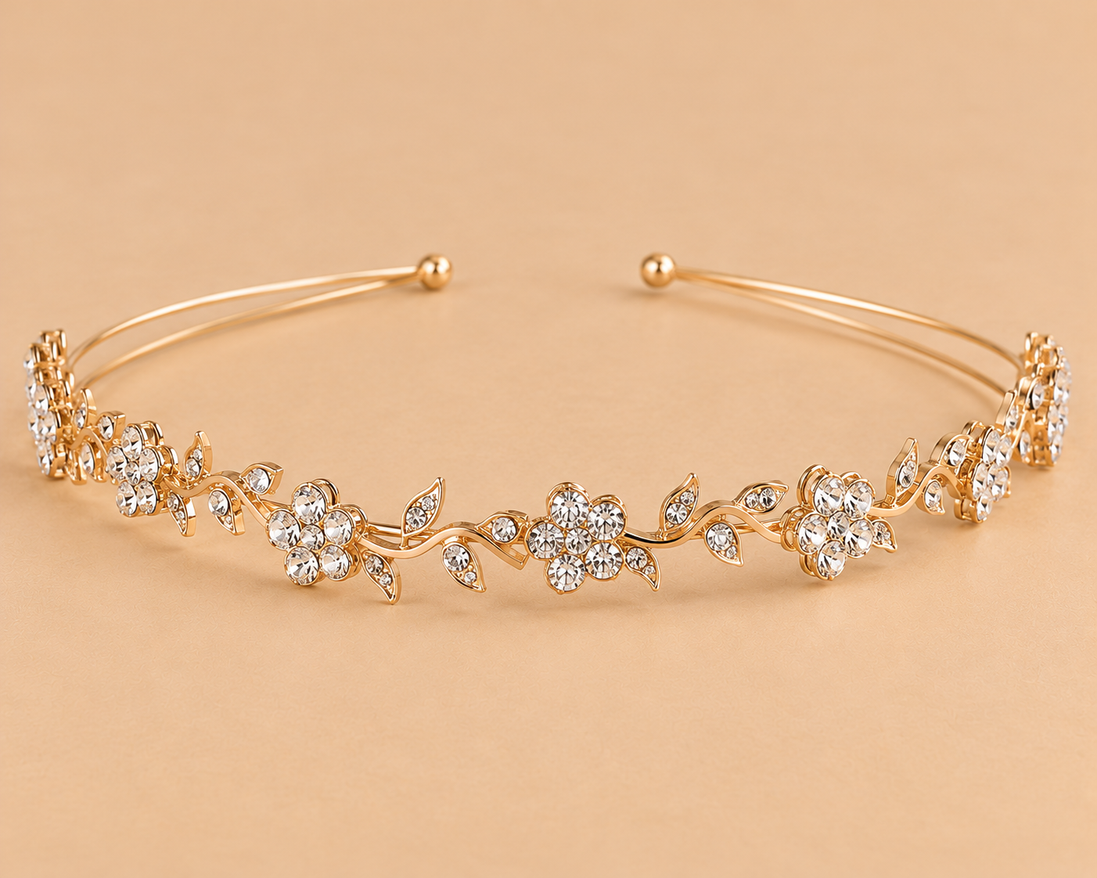 Gouden Diadeem met Bloemen en Blaadjes – Strass – De HaarBoetiek
