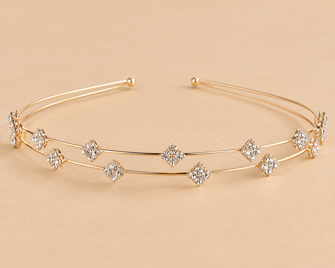 Gouden Dubbele Diadeem met Strass Ruitjes – De HaarBoetiek