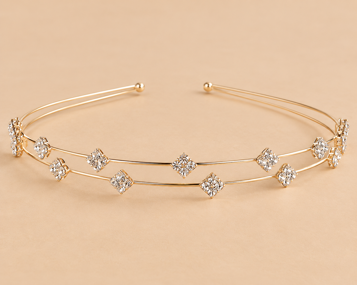 Gouden Dubbele Diadeem met Strass Ruitjes – De HaarBoetiek