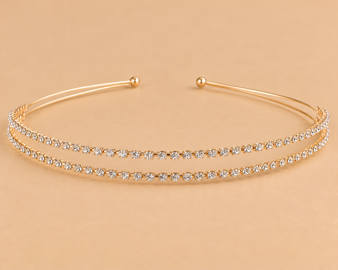 Gouden Dubbele Strass Diadeem – Fijne Rijen – De HaarBoetiek