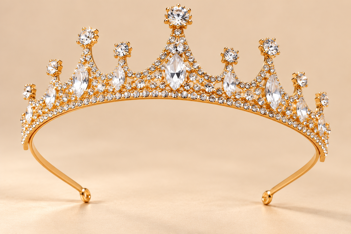 Gouden Kroon Diadeem met Witte Strass – De HaarBoetiek
