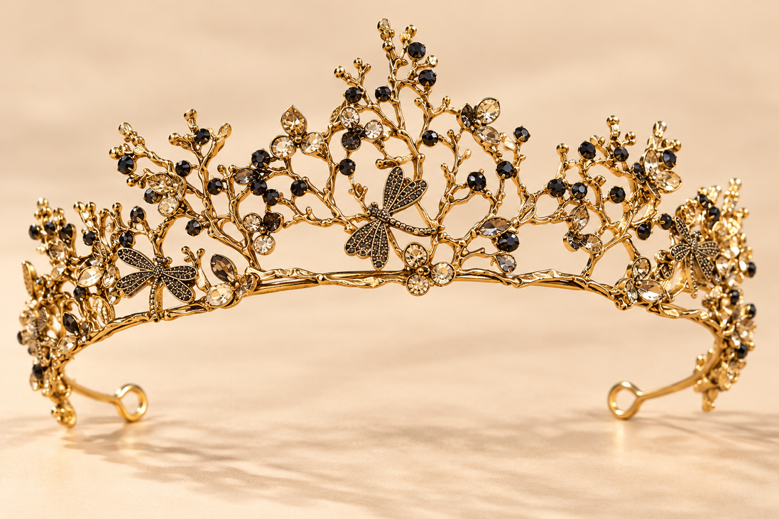 Gouden Libellen Tiara – Sierlijke Takken met Donkere Strass – De HaarBoetiek