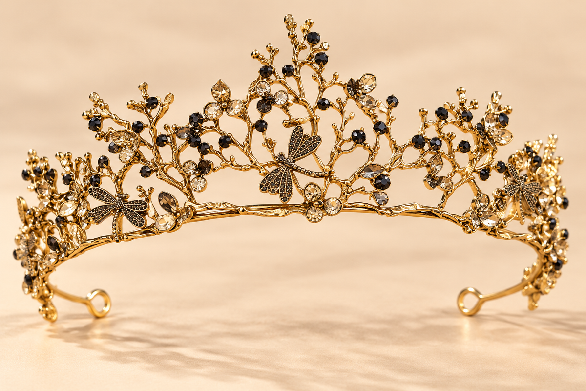 Gouden Libellen Tiara – Sierlijke Takken met Donkere Strass – De HaarBoetiek