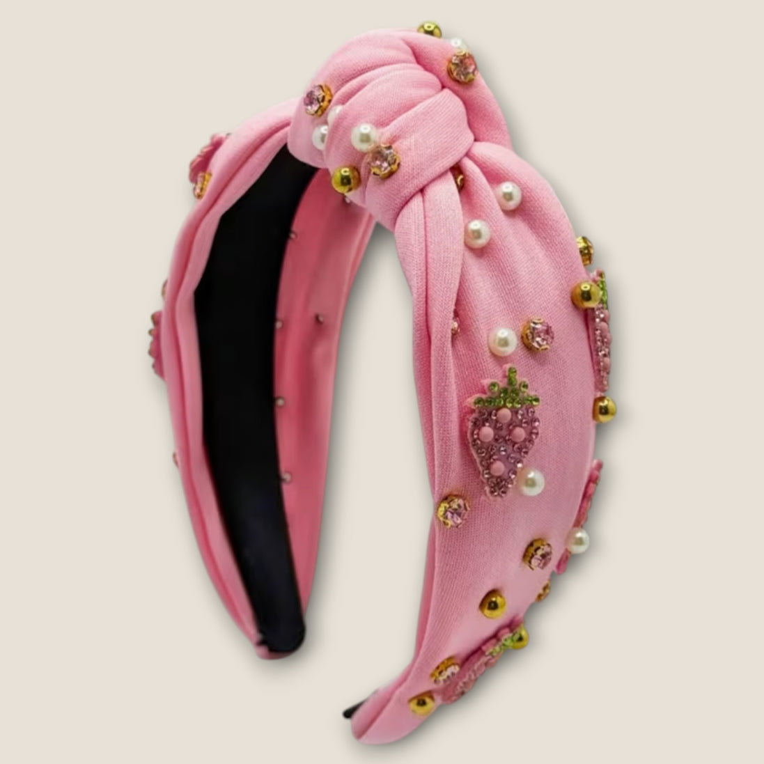 Roze Haarband Aardbei met Parels & Strass – De HaarBoetiek