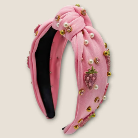 Roze Haarband Aardbei met Parels & Strass – De HaarBoetiek