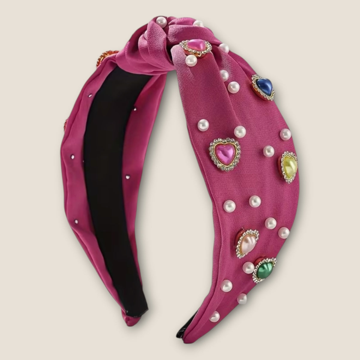 Fuchsia Haarband Gekleurde Hartjes & Parels – De HaarBoetiek