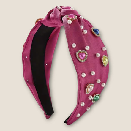 Fuchsia Haarband Gekleurde Hartjes & Parels – De HaarBoetiek