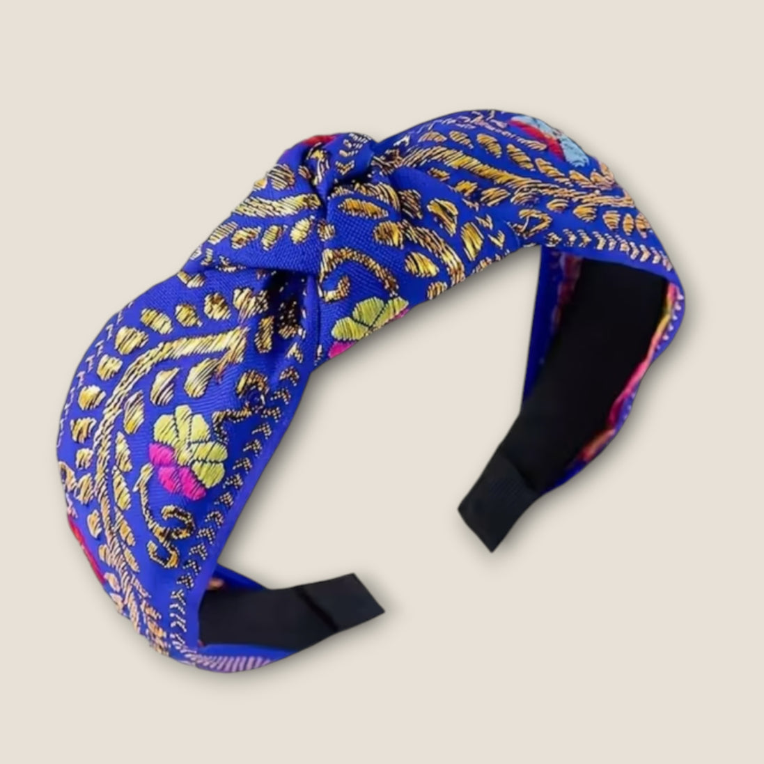Knoop haarband met bloemen & sierpatroon – Blauw – De HaarBoetiek
