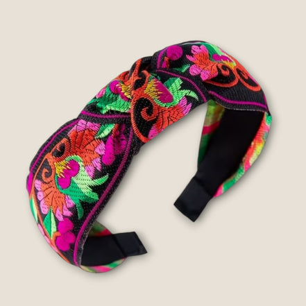 Knoop haarband met kleurrijk bloemenpatroon – Zwart – De HaarBoetiek