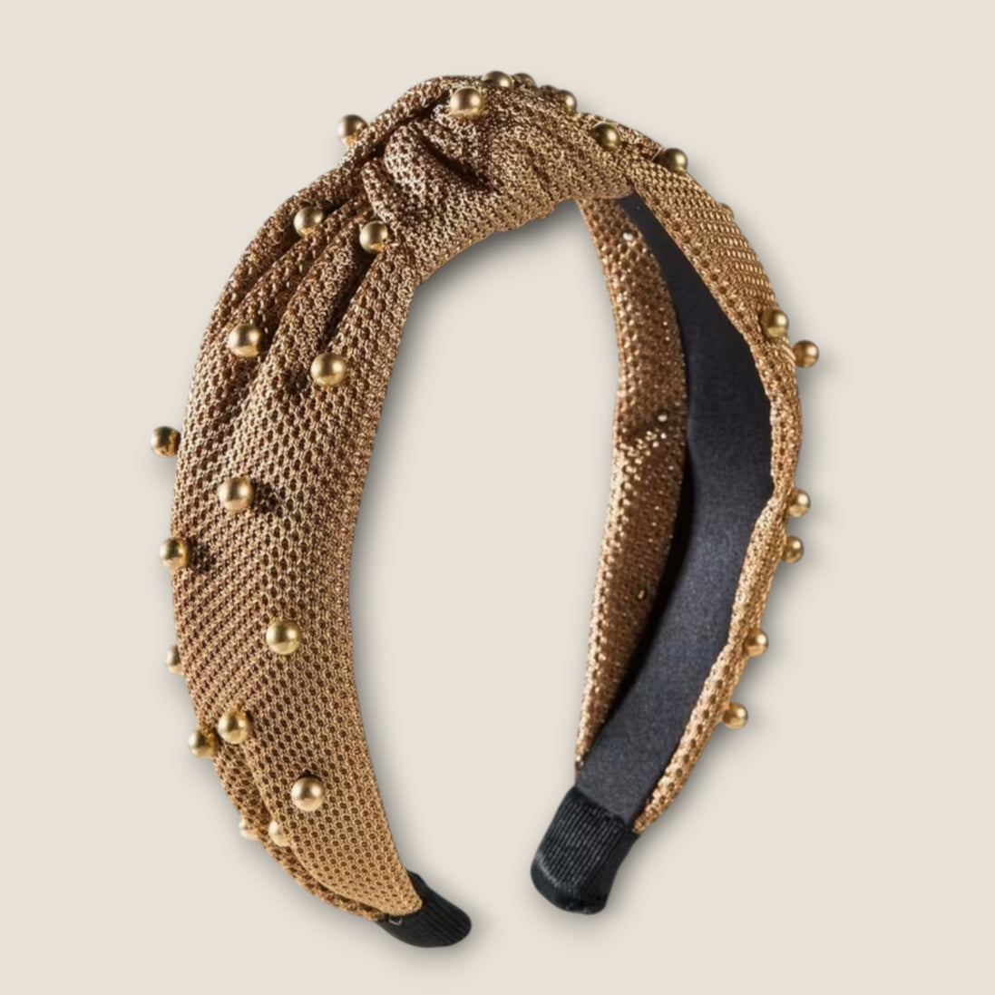 Knoop haarband met goudkleurige kralen – Brons – De HaarBoetiek