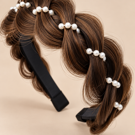 Haarband met Gevlochten Haar & Parels – Bruin – De HaarBoetiek