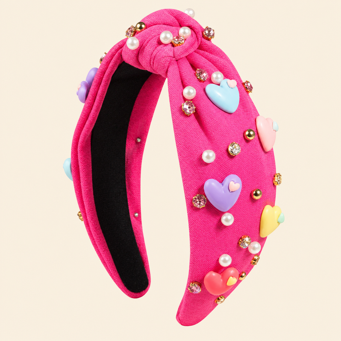 Roze haarband met hartjes, parels en strass – De HaarBoetiek