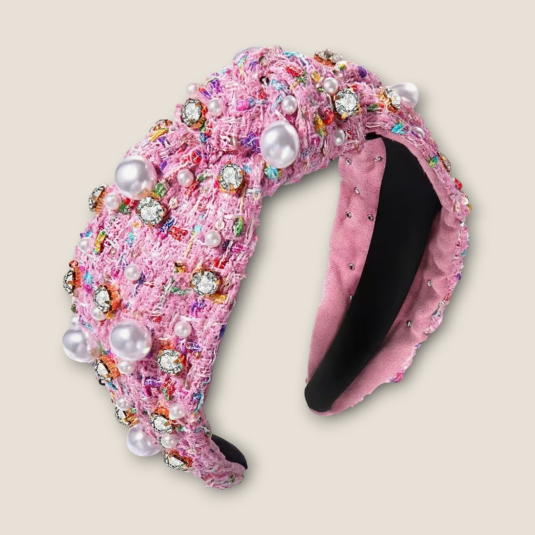 Roze Tweed Haarband met Parels & Strass – De HaarBoetiek