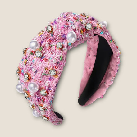 Roze Tweed Haarband met Parels & Strass – De HaarBoetiek