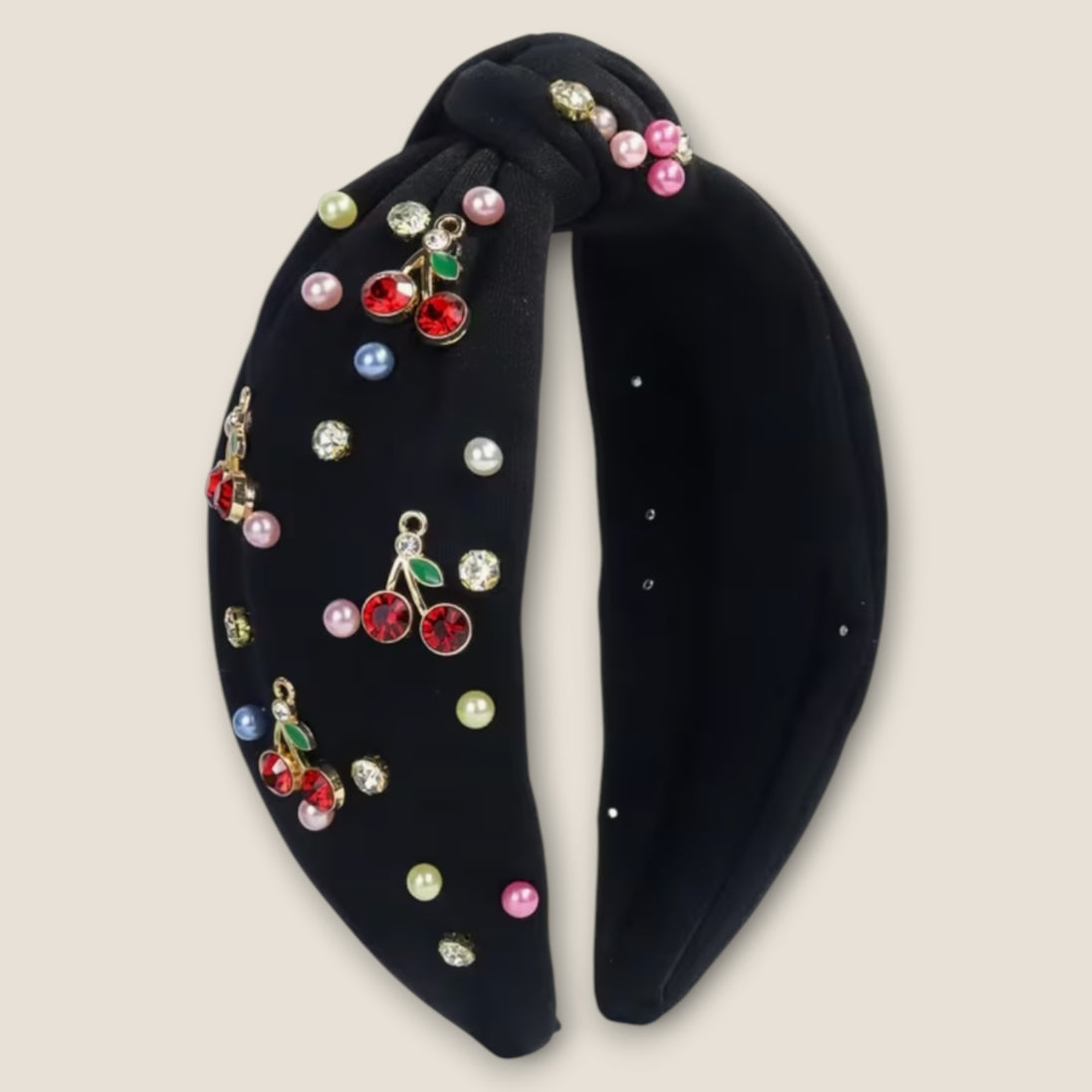 Haarband Zwart Kersen met Parels & Strass – De HaarBoetiek