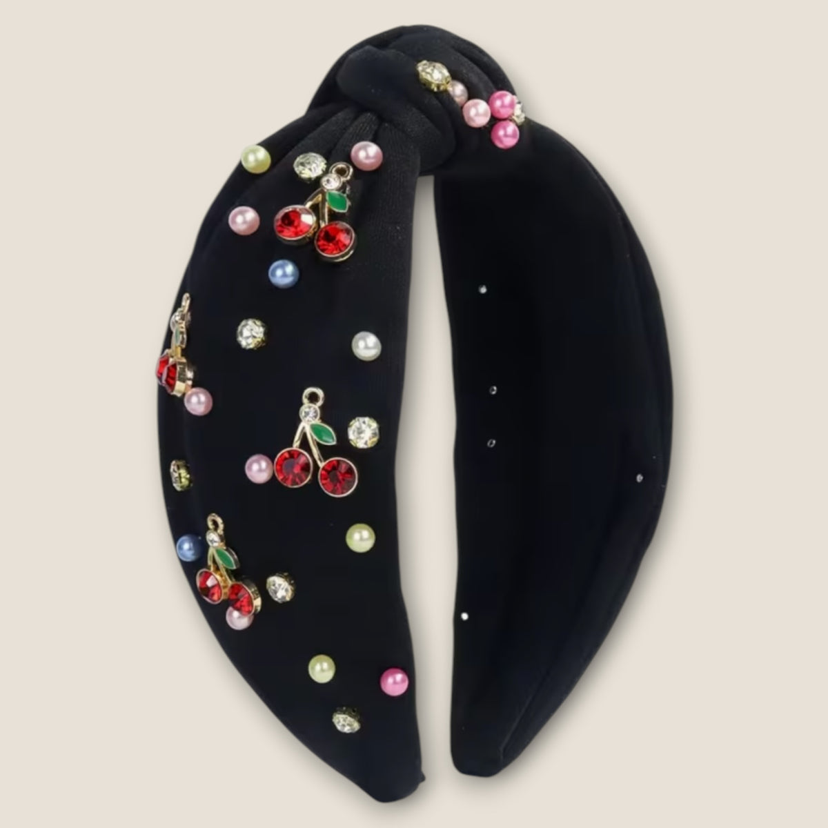 Haarband Zwart Kersen met Parels & Strass – De HaarBoetiek