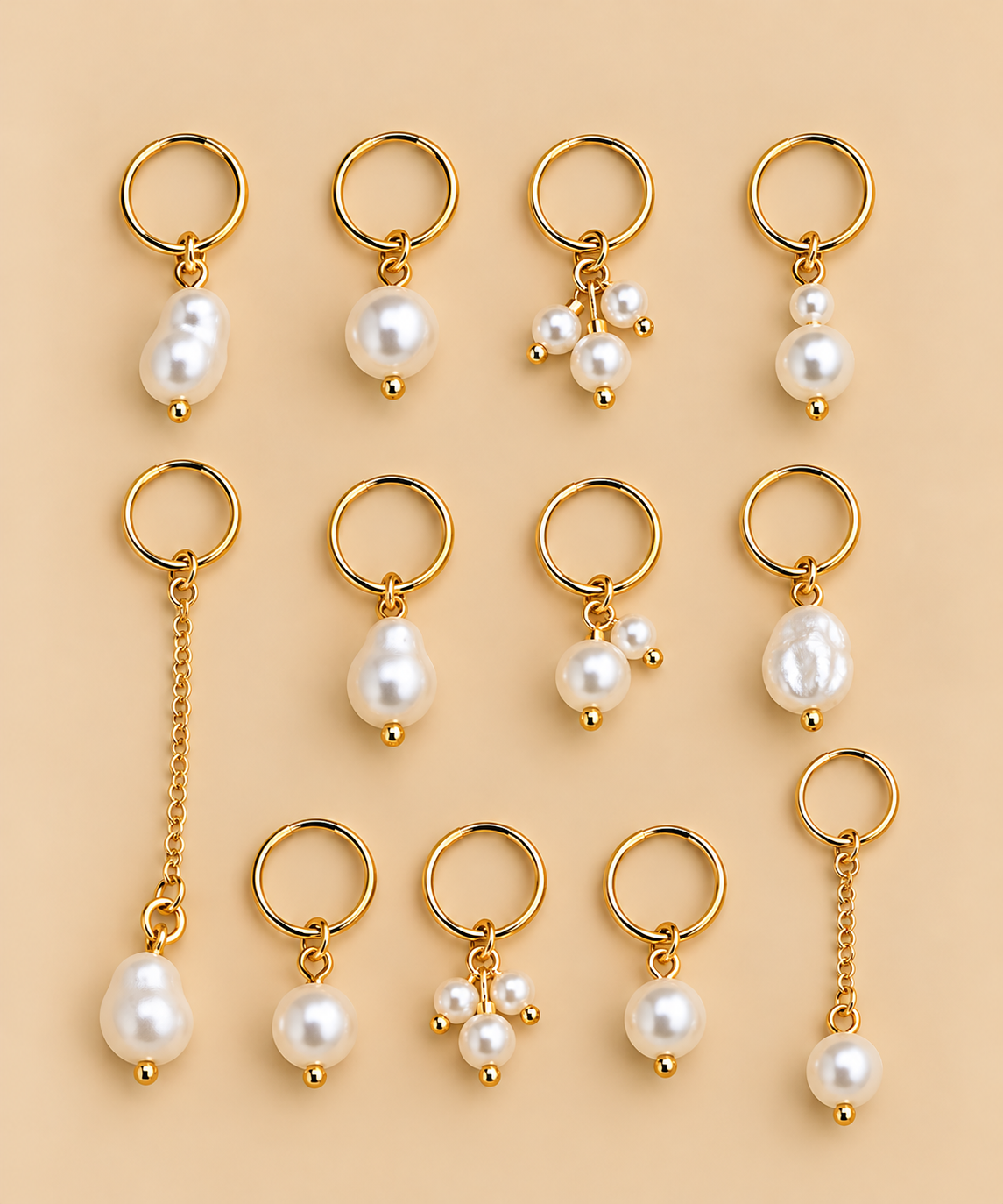 Twaalf goudkleurige haarbedels met witte imitatieparels en kettinkjes, luxe beige productfoto