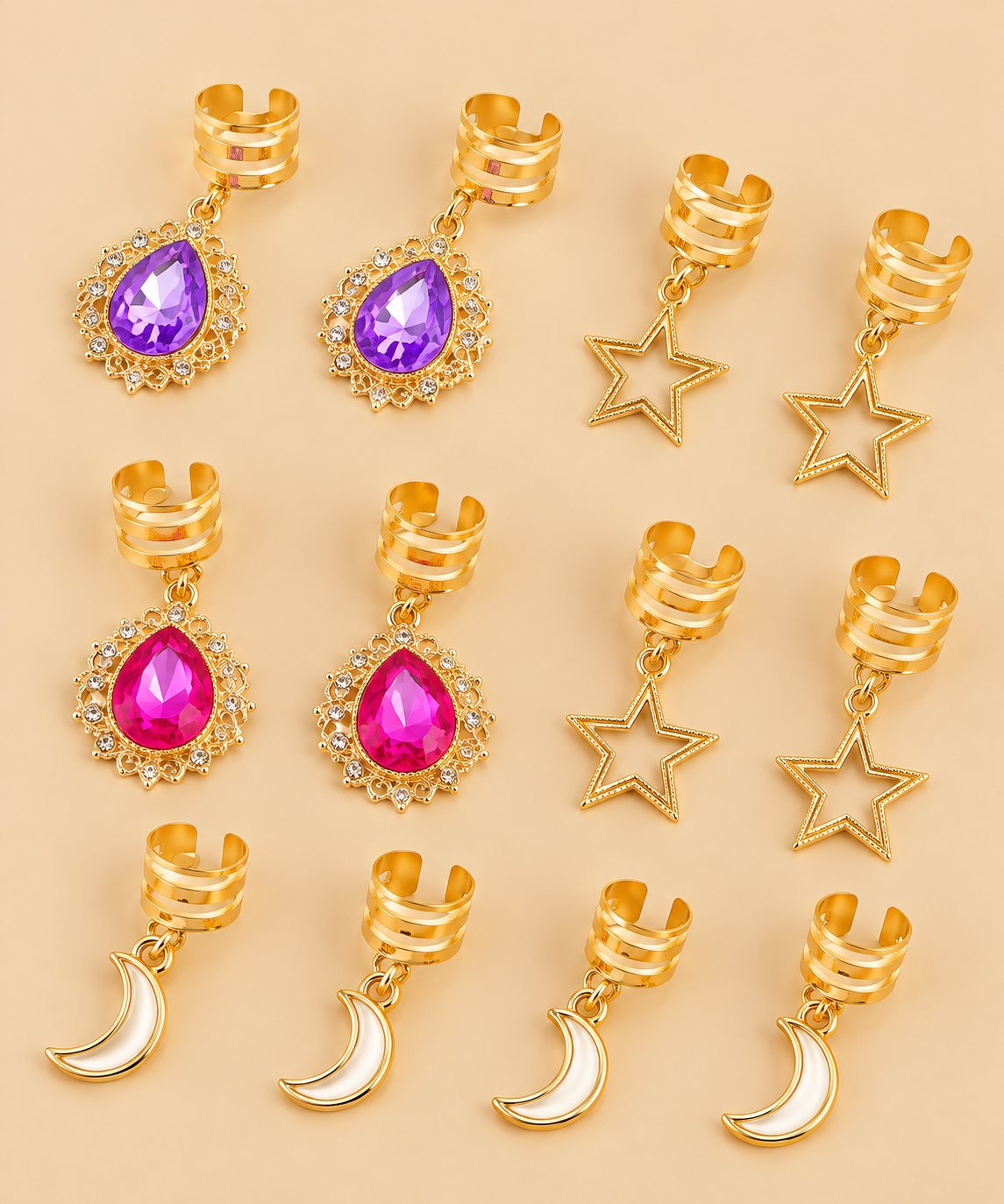 Haarbedels Ster, Maan & Strass Goud – Set van 10 – De HaarBoetiek