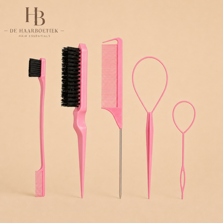 De HaarBoetiek roze 5-delige haarstylingset met borstels, puntkam en haarlus tools