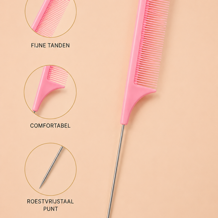 Roze puntkam met fijne tanden en roestvrijstalen punt voor vlechten en haarverdeling