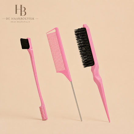 De HaarBoetiek roze 3-delige stylingset met puntkam en borstels