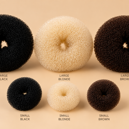 Hair donuts knotmakers groot en klein in zwart blond en bruin op beige achtergrond