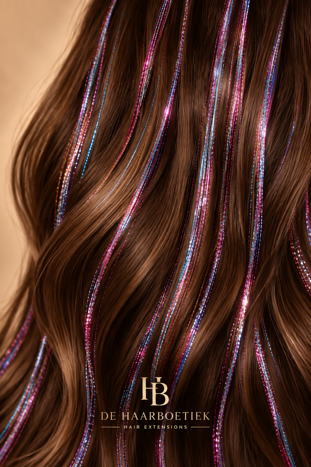 Hair Tinsel 3Color met dunne roze blauwe en paarse glitterstrengen in bruin haar