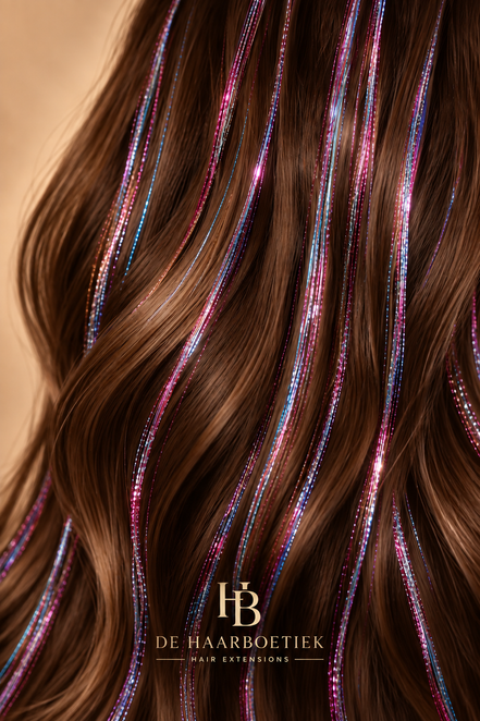 Hair Tinsel 3Color met dunne roze blauwe en paarse glitterstrengen in bruin haar