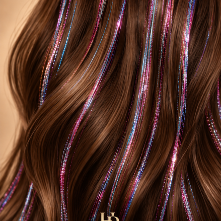Hair Tinsel 3Color met dunne roze blauwe en paarse glitterstrengen in bruin haar