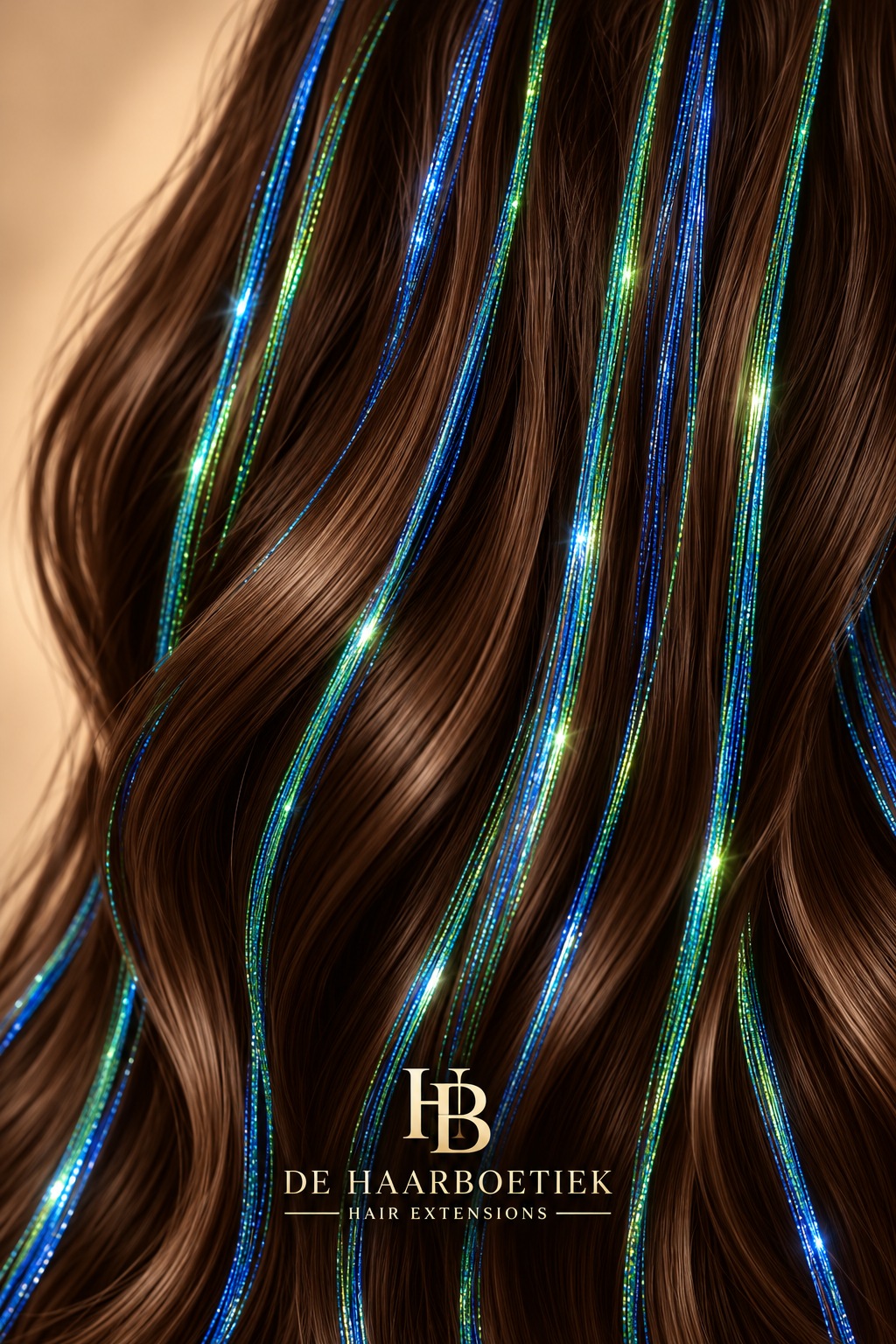 Hair Tinsel Blue Green met dunne blauwe en groene glansstrengen in bruin haar