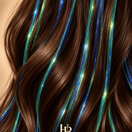 Hair Tinsel Blue Green met dunne blauwe en groene glansstrengen in bruin haar