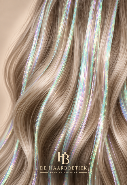 Hair Tinsel Egg Powder haarlichtjes 120 cm in bruin haar