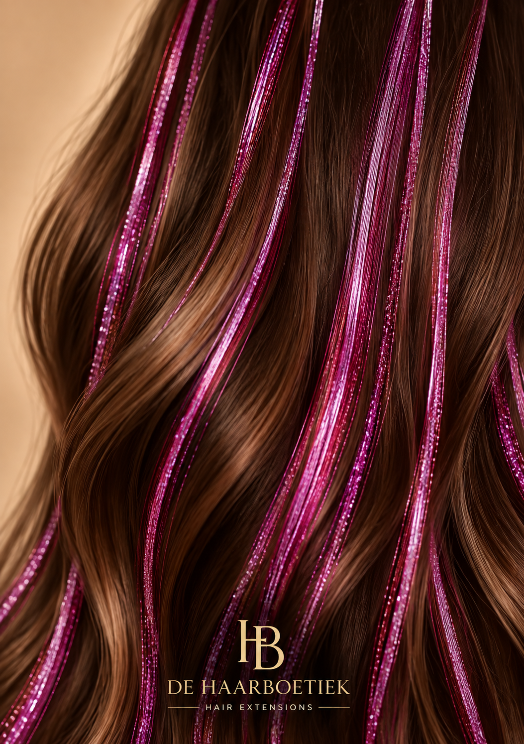 Hair Tinsel Fuchsia in bruin haar – glanzende roze fuchsia haar tinsel