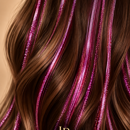 Hair Tinsel Fuchsia in bruin haar – glanzende roze fuchsia haar tinsel