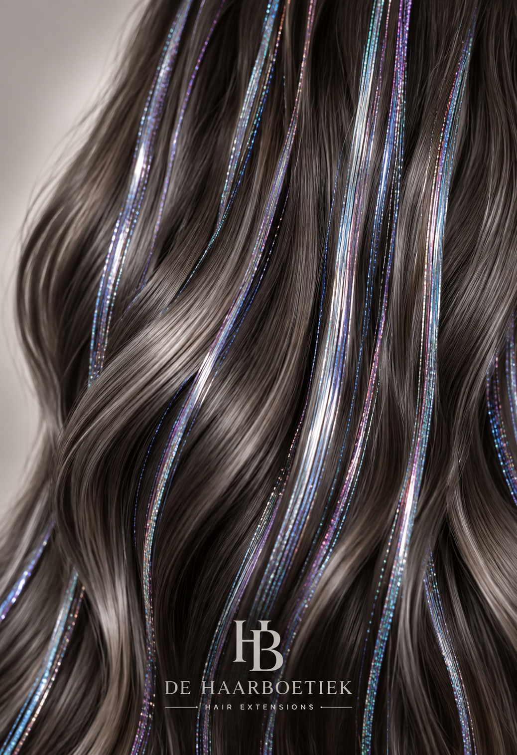 Hair Tinsel Gray grijze holografische haarlichtjes in donker haar De HaarBoetiek