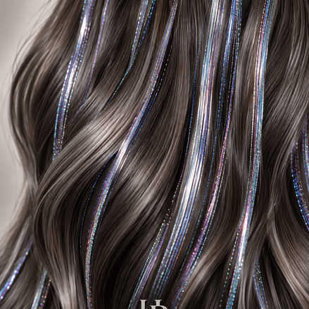 Hair Tinsel Gray grijze holografische haarlichtjes in donker haar De HaarBoetiek