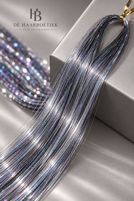 Hair Tinsel Gray grijs holografisch 120 cm De HaarBoetiek