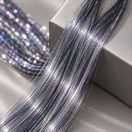 Hair Tinsel Gray grijs holografisch 120 cm De HaarBoetiek