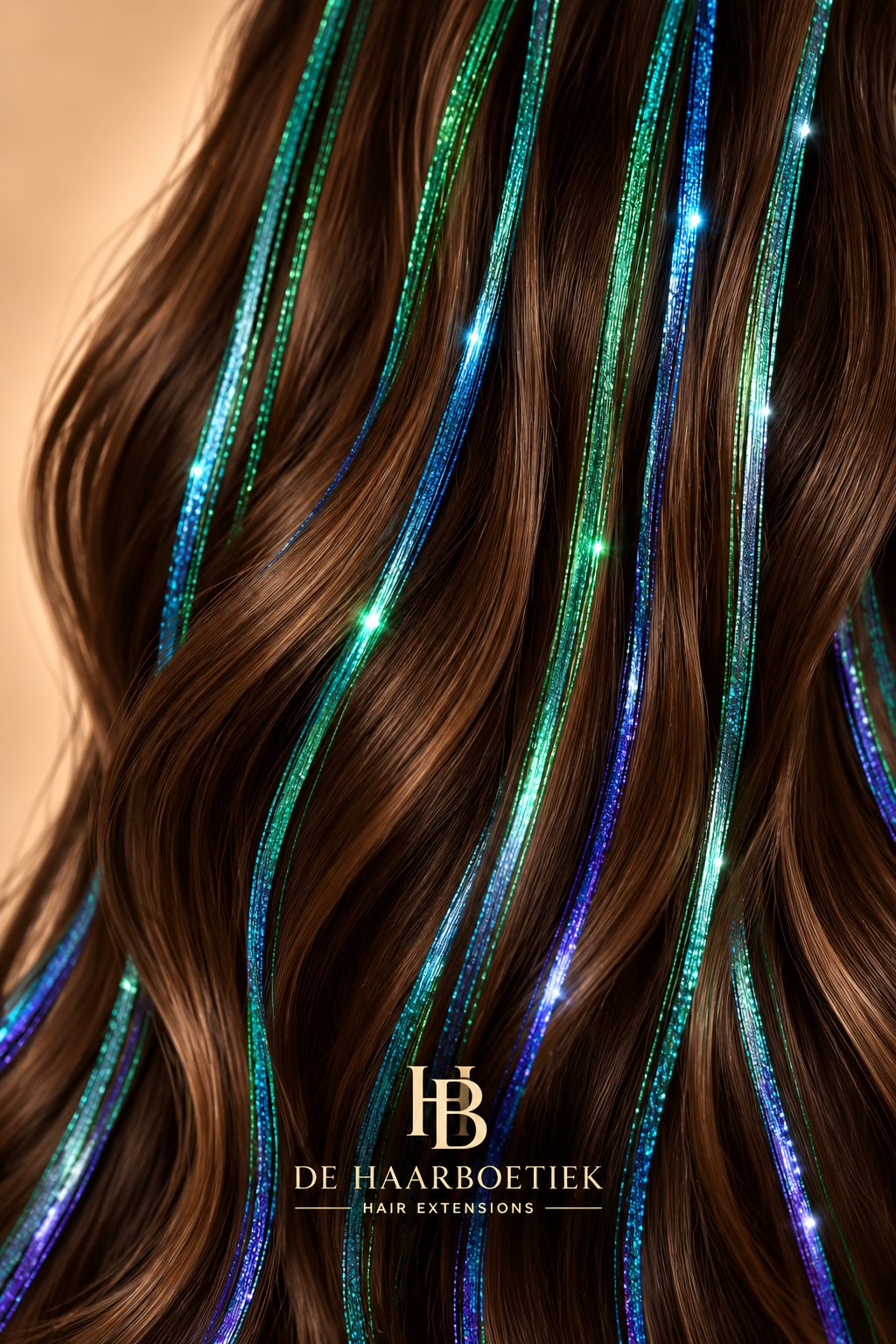 Hair Tinsel Green Blue – groen blauw haar tinsel in bruin haar – de HaarBoetiek